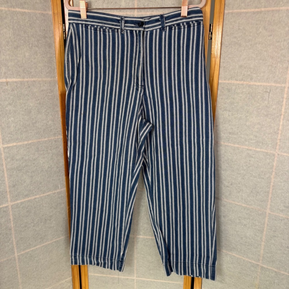 Y2K St. Johns Bay Striped Cotton Boyfriend Crop Denim Pants 10 Blue White